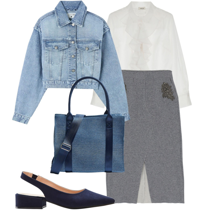 Outfit donna - Rouche e denim. Stile Bon Ton per Ufficio. Abbinamento con décolleté, blazer, shopping bag, camicie, gonne lunghe.