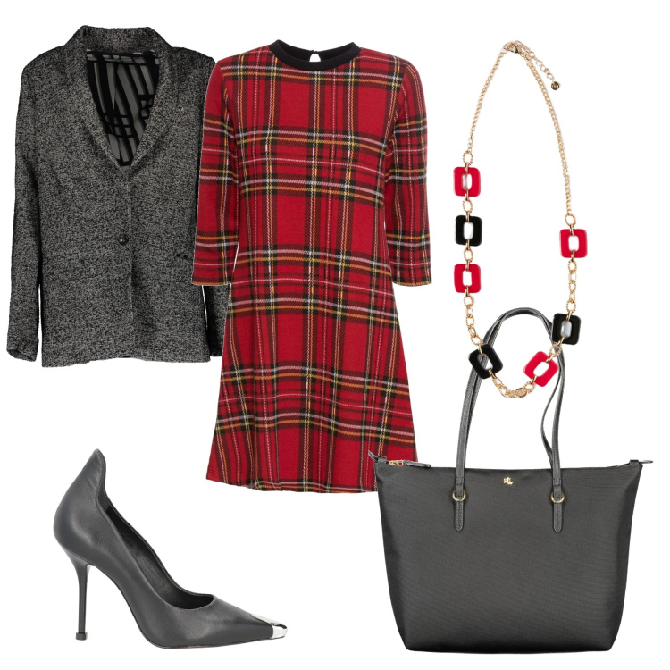 Outfit donna - Rosso e grigio versione 2. Stile Chic per Ufficio. Abbinamento con vestiti corti, décolleté, ciondoli, blazer, borse a spalla.