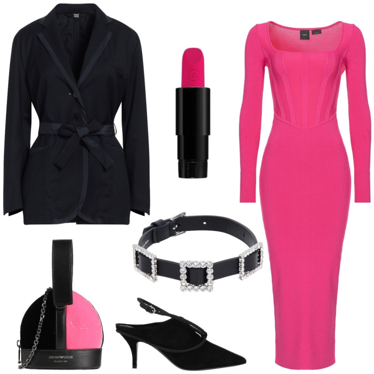Outfit donna - Serata fuori. Stile Trendy per Serata fuori. Abbinamento con décolleté, borse a mano, blazer, rossetti, vestiti midi/longuette, collane.