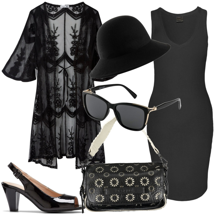 Outfit donna - Tubino nero e pizzo. Stile Casual chic per Tutti i giorni. Abbinamento con vestiti, décolleté, occhiali da sole, cappelli, caftani, borse a spalla.