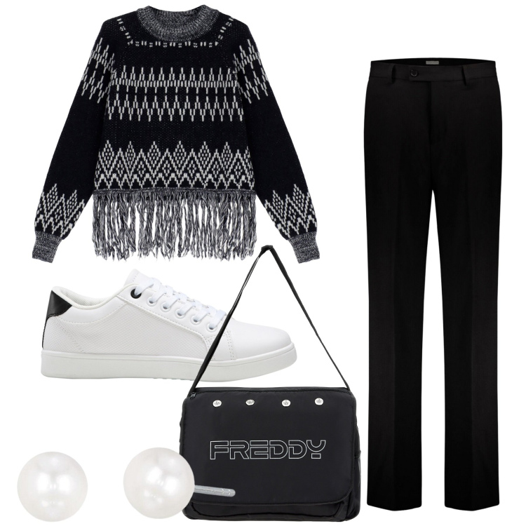 Outfit donna - Black&white con le frangette. Stile Boho per Tutti i giorni. Abbinamento con sneakers, orecchini, maglieria, borse messenger, pantaloni.