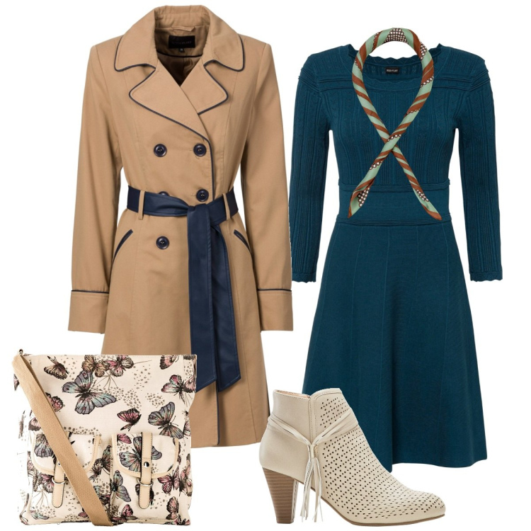Outfit donna - Giornata in ufficio. Stile Casual chic per Ufficio. Abbinamento con vestiti, borse a tracolla, trench, stivaletti, foulard.
