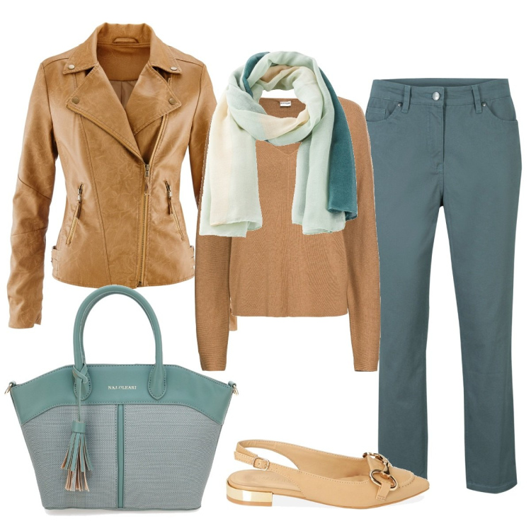 Outfit donna - Mix di stili. Stile Casual chic per Ufficio. Abbinamento con pantaloni, maglieria, blazer, sciarpe, ballerine, borse a mano.