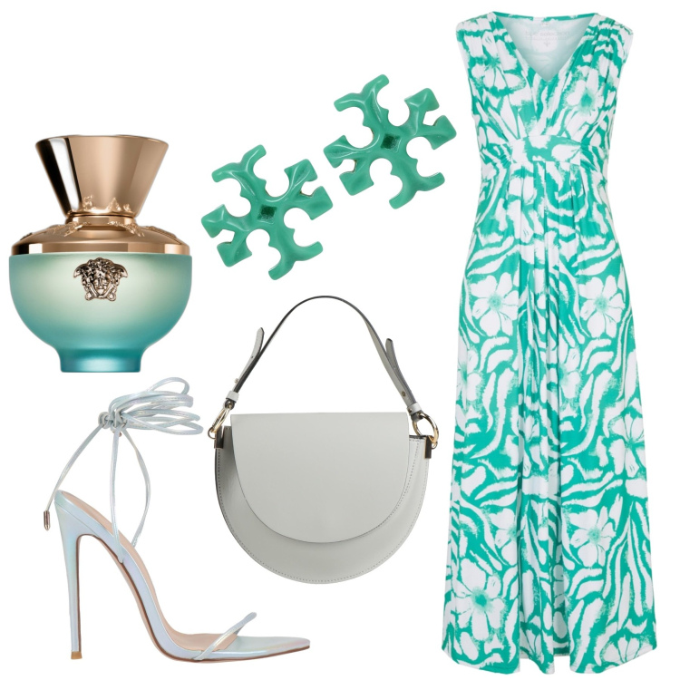 Outfit donna - Tacchi a spillo. Stile Chic per Serata fuori. Abbinamento con vestiti lunghi, borse a mano, orecchini, sandali col tacco, profumi.