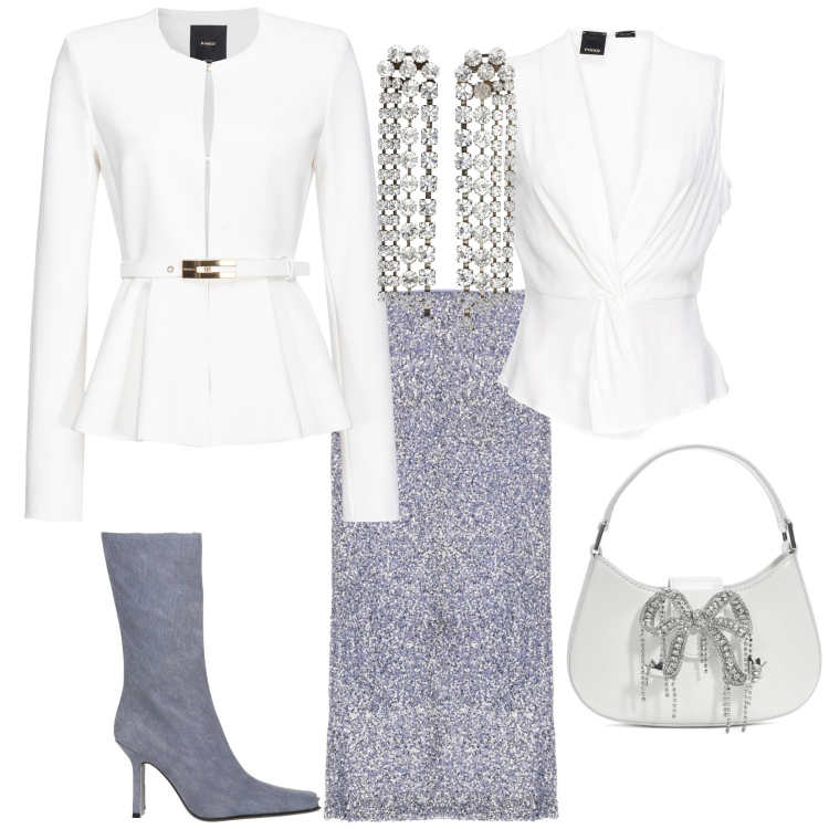 Outfit donna - Evento serata speciale. Stile Chic per Serata fuori. Abbinamento con stivali, top, blazer, gonne longuette, orecchini, borse a mano.