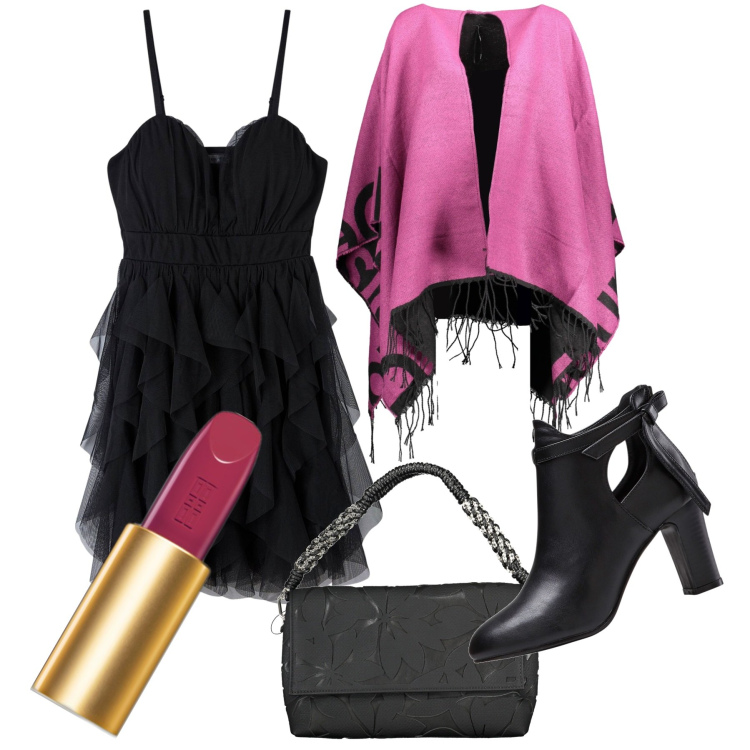 Outfit donna - Il poncho fucsia. Stile Glamour per Serata fuori. Abbinamento con stivaletti, rossetti, vestiti corti, cappotti, borse a spalla.