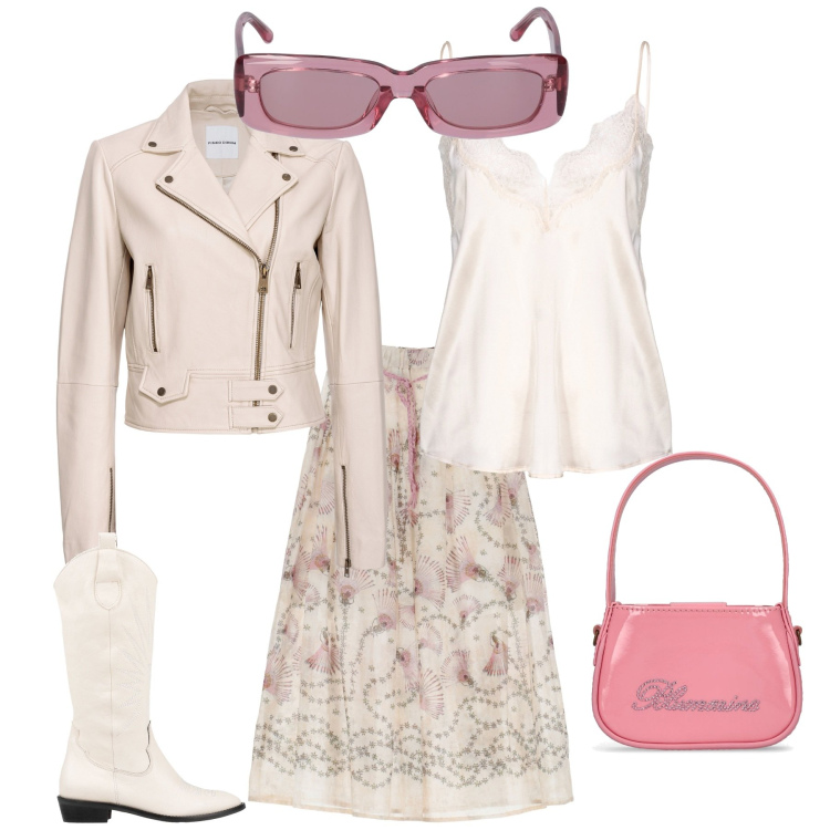 Outfit donna - Pomeriggio romantico. Stile Romantica per Tutti i giorni. Abbinamento con stivali, top, giacche, gonne lunghe, occhiali da sole, borse a mano.