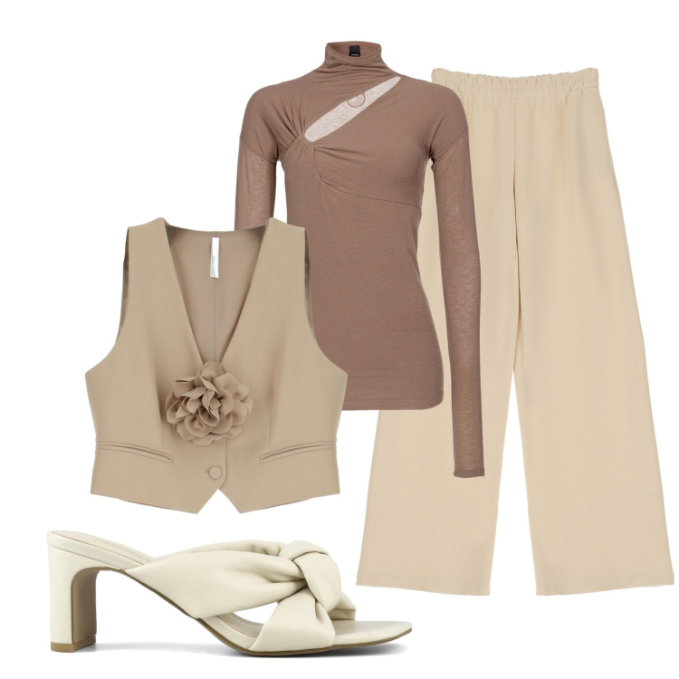 Outfit donna - Total look #1835185. Stile Casual per Tutti i giorni. Abbinamento con maglieria, gilet, pantaloni a palazzo, sandali col tacco.