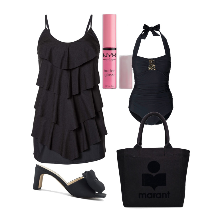 Outfit donna - Aperitivo in spiaggia. Stile Glamour per Mare. Abbinamento con vestiti da spiaggia, costumi interi, gloss, sandali col tacco, shopping bag.