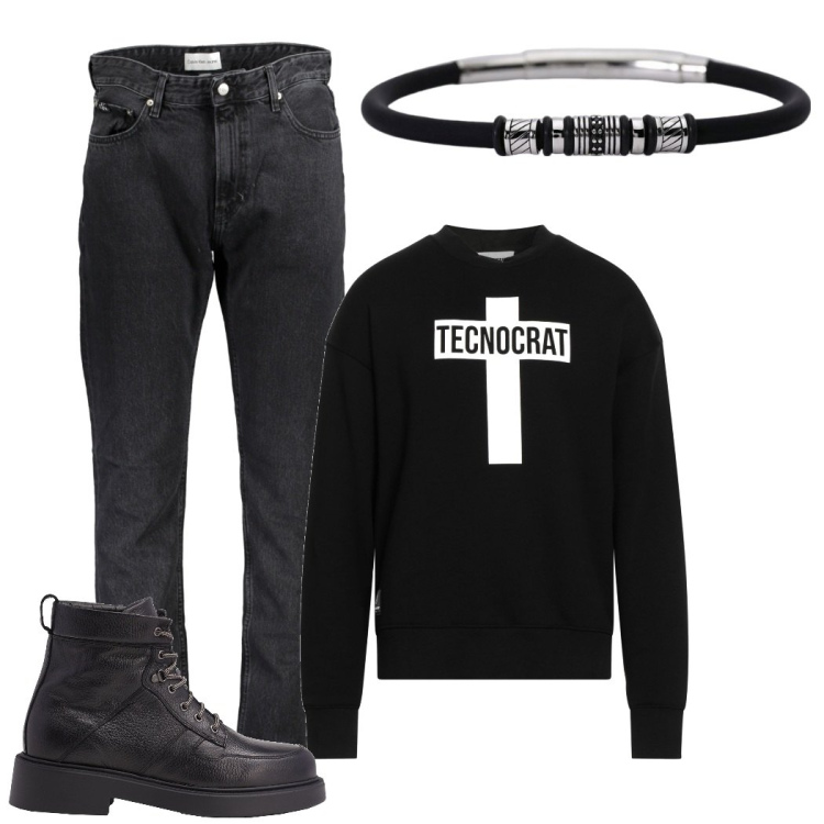 Outfit uomo - Un po' rock. Stile Biker Rock per Serata speciale. Abbinamento con braccialetti, stivali e stivaletti, felpe, jeans.