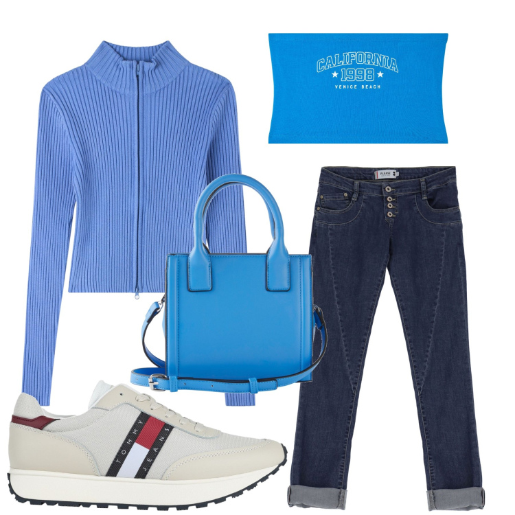 Outfit donna - Blu style. Stile Casual per Tutti i giorni. Abbinamento con borse a mano, sneakers, top, cardigans, jeans slim fit.