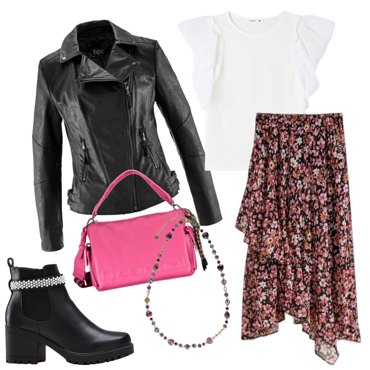 Outfit donna - Romanticamente rock. Stile Rock per Serata fuori. Abbinamento con blazer, gonne, stivaletti, t-shirt, collane, borse a spalla.