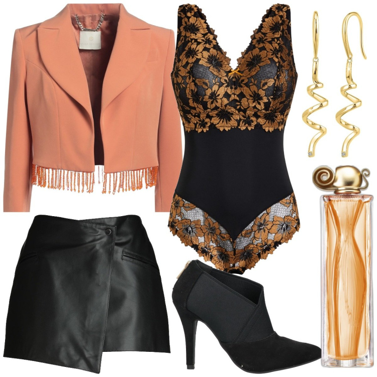 Outfit donna - Super sexy. Stile Sexy per Serata fuori. Abbinamento con body, blazer, stivaletti, minigonne, orecchini, profumi.