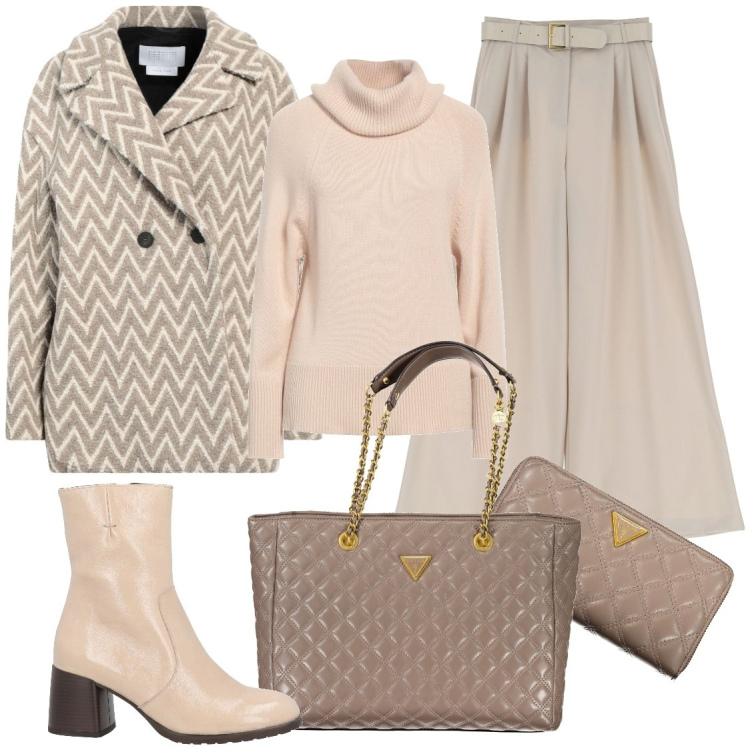 Outfit donna - Marzo pazzerello nei colori chiari. Stile Casual chic per Ufficio. Abbinamento con caban, maglieria, stivaletti, pantaloni a palazzo, portafogli, borse a spalla.