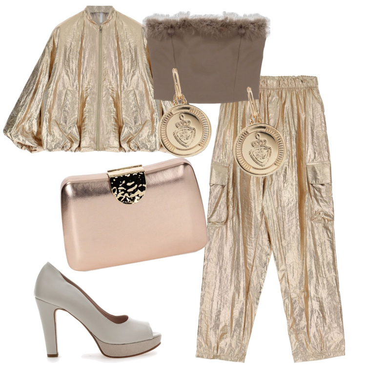 Outfit donna - Imperial. Stile Trendy per Cerimonia. Abbinamento con pantaloni, top, blazer, clutch, orecchini, décolleté.