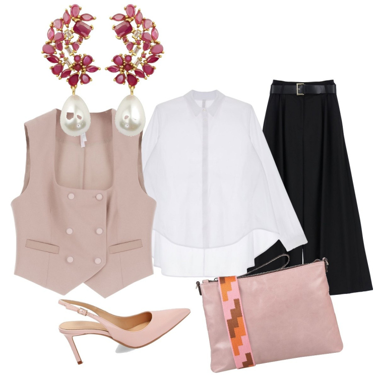 Outfit donna - Invitata al Matrimonio. Stile Chic per Cerimonia. Abbinamento con borse a tracolla, orecchini, pantaloni a palazzo, gilet, camicie, décolleté.