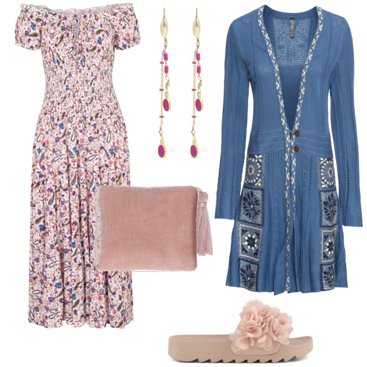 Outfit donna - Vestito curvy bohemien. Stile Boho per Tutti i giorni. Abbinamento con vestiti, cardigans, ciabatte, pochette, orecchini.