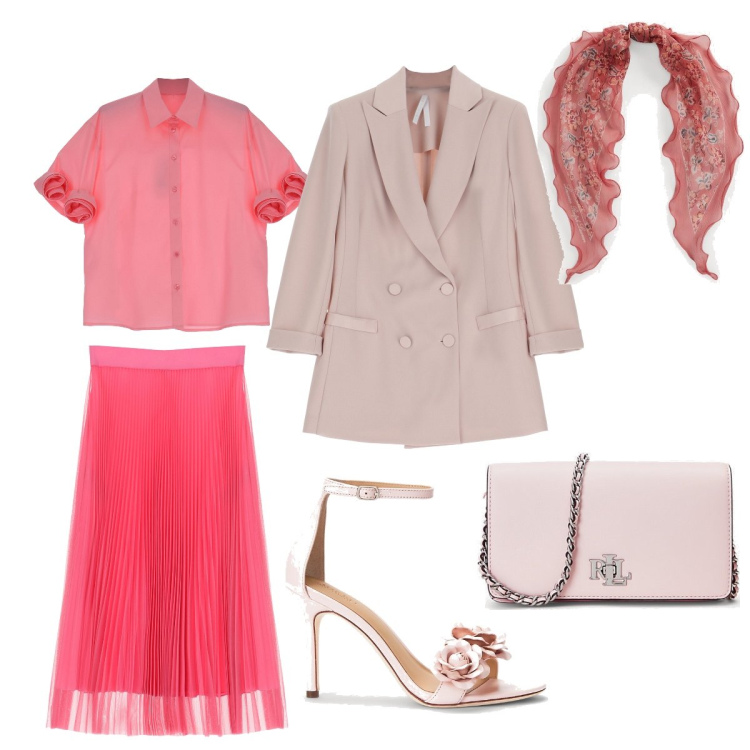 Outfit donna - Romantica cerimonia. Stile Romantica per Cerimonia. Abbinamento con camicie a manica corta, gonne longuette, blazer, borse a mano, foulard, sandali in pelle.