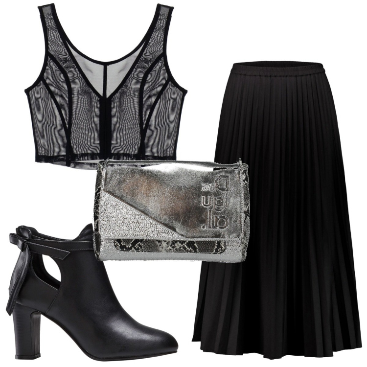 Outfit donna - Total look #1835338. Stile Trendy per Serata fuori. Abbinamento con stivaletti, top, gonne lunghe, borse a spalla.