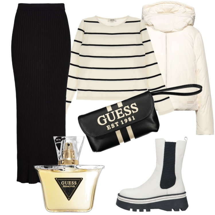Outfit donna - Black and white. Stile Casual per Tutti i giorni. Abbinamento con gonne lunghe, piumini, stivaletti chelsea, profumi, maglieria, valigie.