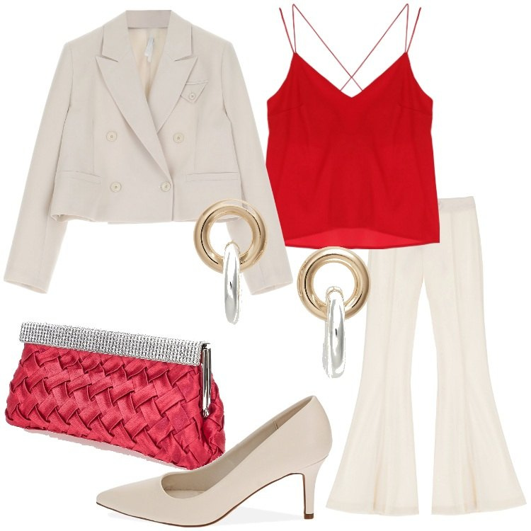 Outfit donna - Imperial Capi evergreen per le cerimonie. Stile Chic per Cerimonia. Abbinamento con pantaloni, blazer, canottiere, décolleté, orecchini, pochette.