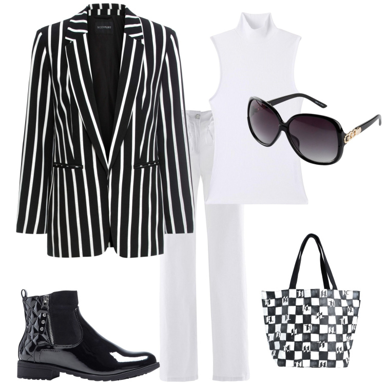 Outfit donna - Black and white pomeriggio chic. Stile Casual chic per Tutti i giorni. Abbinamento con blazer, occhiali da sole, stivaletti, pantaloni a palazzo, borse a mano, canottiere.