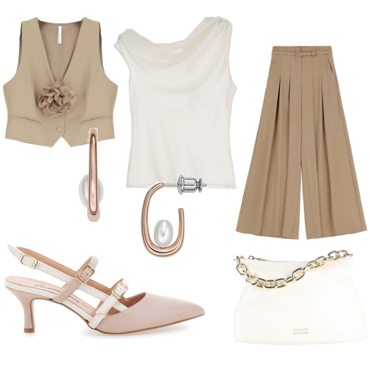 Outfit donna - Total look #1835383. Stile Casual chic per Cerimonia. Abbinamento con borse a mano, orecchini, pantaloni a palazzo, gilet, canottiere, décolleté.