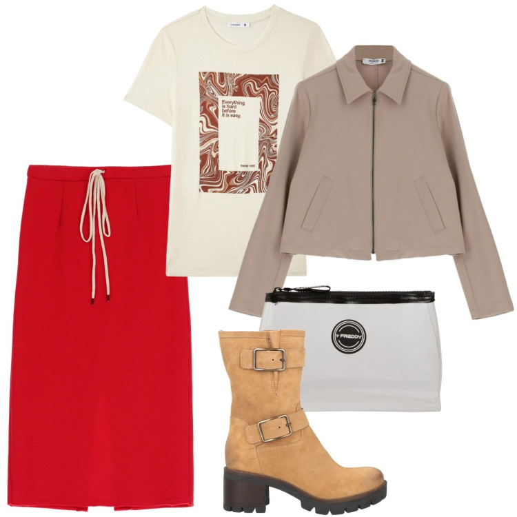 Outfit donna - La gonna rossa. Stile Urban per Tutti i giorni. Abbinamento con stivaletti, t-shirt, blazer, valigie, gonne longuette.