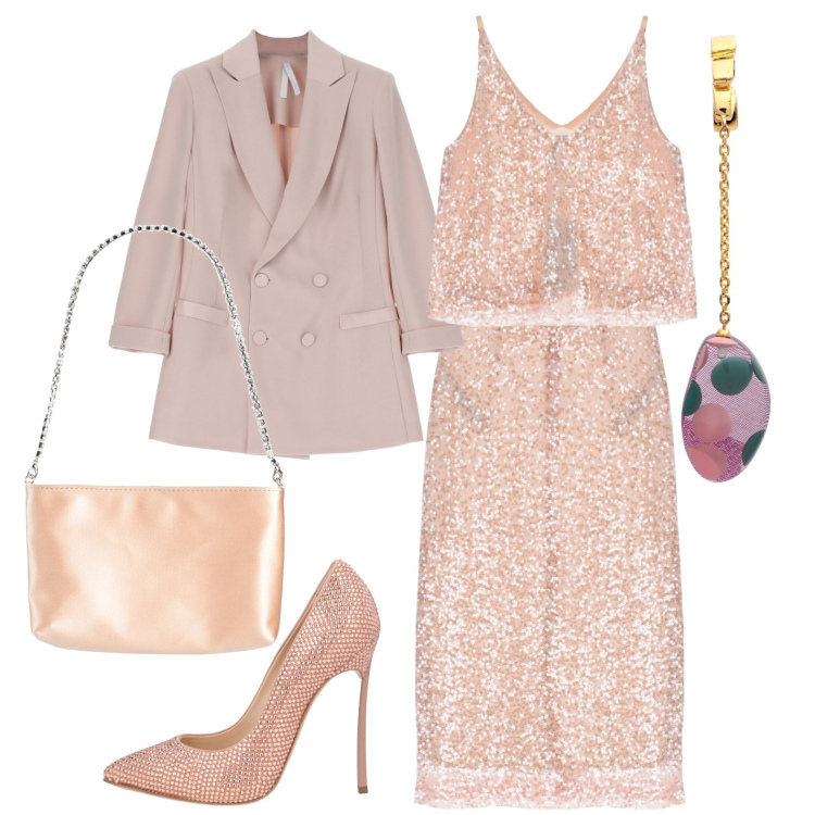 Outfit donna - Inizio primavera. Stile Glamour per Cerimonia. Abbinamento con décolleté, orecchini, borse a mano, gonne longuette, top, blazer.