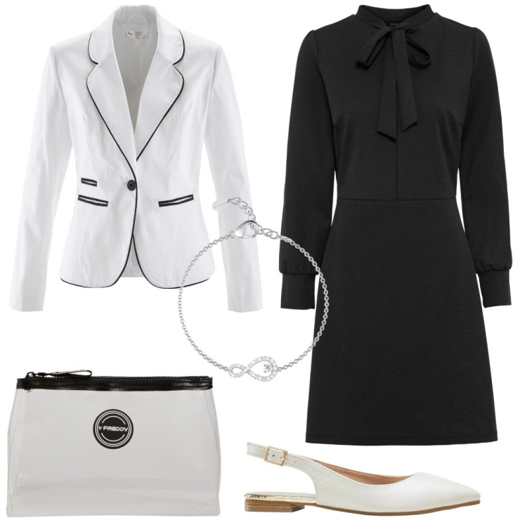 Outfit donna - Carlotta: riunione di lavoro. Stile Chic per Tutti i giorni. Abbinamento con ballerine, vestiti, blazer, braccialetti, valigie.