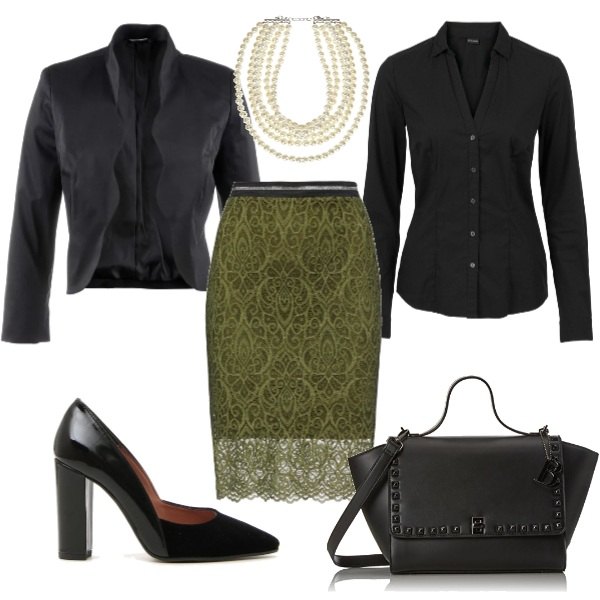 Outfit donna - Fili di perle. Stile Chic per Ufficio. Abbinamento con camicie, blazer, collier con perle beige, gonna con pizzo verde e kaki, borsa a mano cartella nero, décolleté.