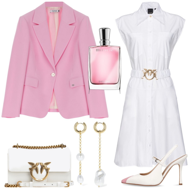 Outfit donna - Primavera in rosa. Stile Romantica per Tutti i giorni. Abbinamento con profumi, blazer, vestiti chemisier, borse a tracolla, orecchini, décolleté.