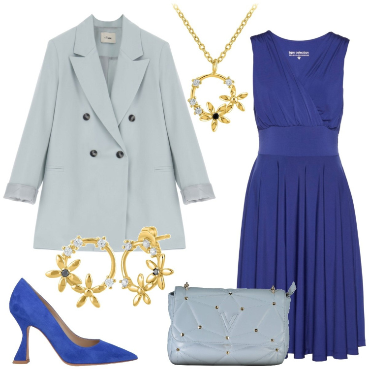 Outfit donna - Primavera in celeste. Stile Chic per Tutti i giorni. Abbinamento con vestiti, décolleté, orecchini, ciondoli, blazer, borse a tracolla.