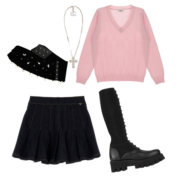 Outfit donna - Outfit Delia. Stile Casual per Tutti i giorni. Abbinamento con stivali, collane, minigonne, cinture, pullovers.
