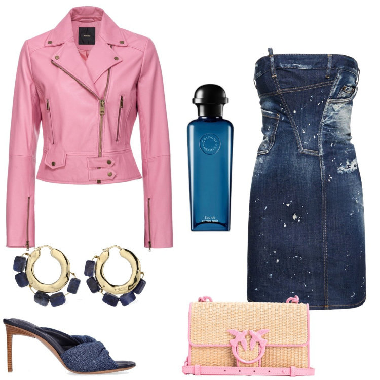 Outfit donna - Serata in jeans. Stile Casual chic per Serata fuori. Abbinamento con profumi, giacche, borse a tracolla, pantofole, orecchini, vestiti.