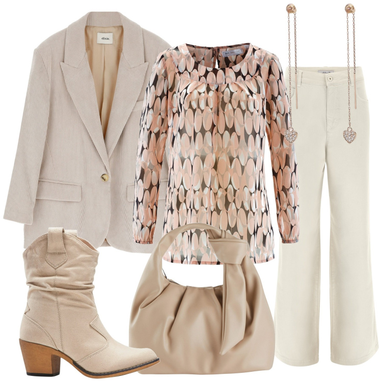 Outfit donna - Burro e pesca. Stile Basic per Tutti i giorni. Abbinamento con tuniche, borse a mano, stivaletti texani, orecchini, jeans, blazer.