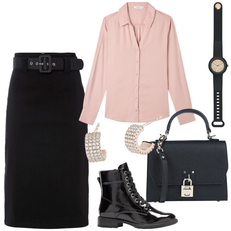 Outfit donna - In ufficio un po\' rock-gonna+stivaletti. Stile Urban per Ufficio. Abbinamento con gonne longuette, stivaletti, borse a mano, orologi, camicie, orecchini.