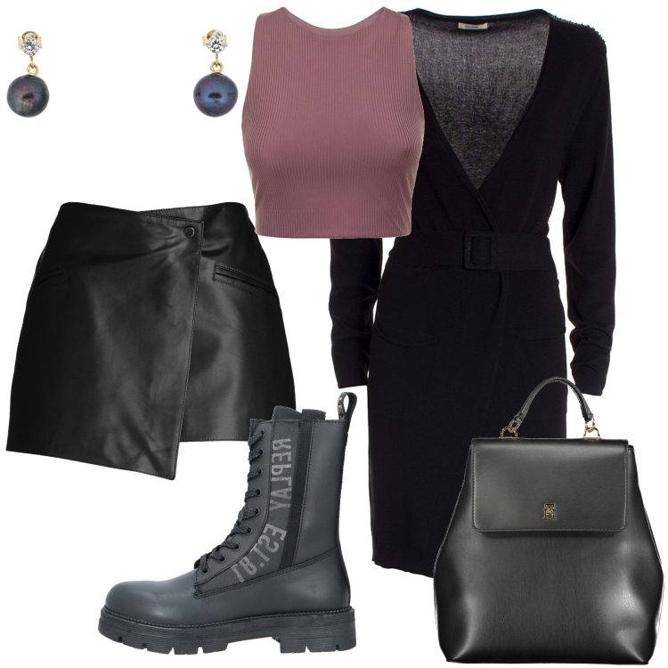 Outfit donna - Stivaletti rock e mini. Stile Rock per Serata fuori. Abbinamento con anfibi, minigonne, orecchini, cardigans, top sportivi, zaini.