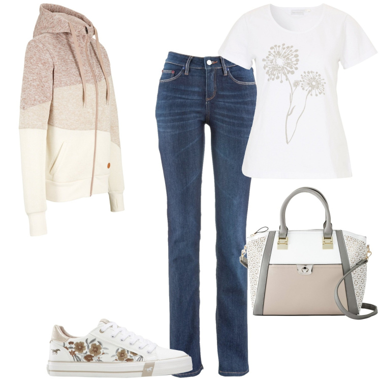 Outfit donna - Total look #1835505. Stile Casual per Tutti i giorni. Abbinamento con t-shirt, jeans dritti, sneakers, blazer, borse a mano.
