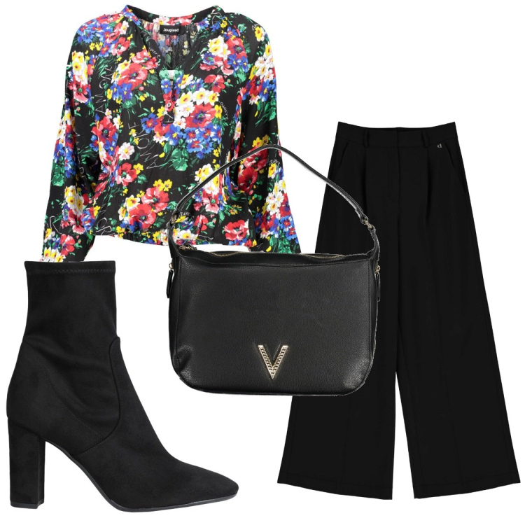 Outfit donna - Total look #1835551. Stile Trendy per Tutti i giorni. Abbinamento con stivaletti, pantaloni a palazzo, t-shirt, borse a spalla.