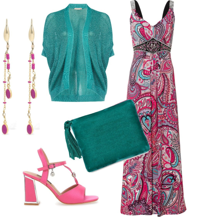Outfit donna - Boho over size. Stile Boho per Serata fuori. Abbinamento con vestiti lunghi, cardigans, sandali col tacco, orecchini, pochette.
