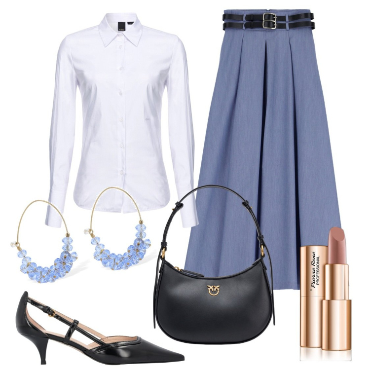 Outfit donna - Una gonna bon ton. Stile Glamour per Ufficio. Abbinamento con rossetti, borse a tracolla, décolleté, camicie, gonne longuette, orecchini.