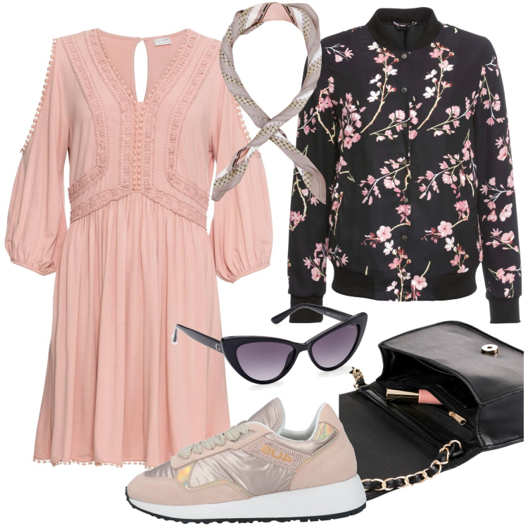 Outfit donna - Abito romantico con cur-out. Stile Romantica per Tutti i giorni. look ideale per Petite. Abbinamento con bomber, borse a tracolla, vestiti, sneakers, foulard, occhiali da sole.
