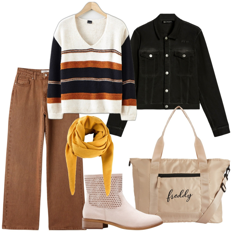 Outfit donna - Lunedì. Stile Casual per Tutti i giorni. Abbinamento con foulard, stivaletti, maglieria, pantaloni, borse tote, blazer.
