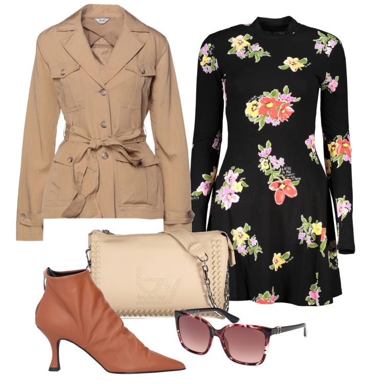 Outfit donna - Una sahariana per la primavera. Stile Chic per Tutti i giorni. Abbinamento con blazer, stivaletti, borse a spalla, vestiti corti, occhiali da sole.