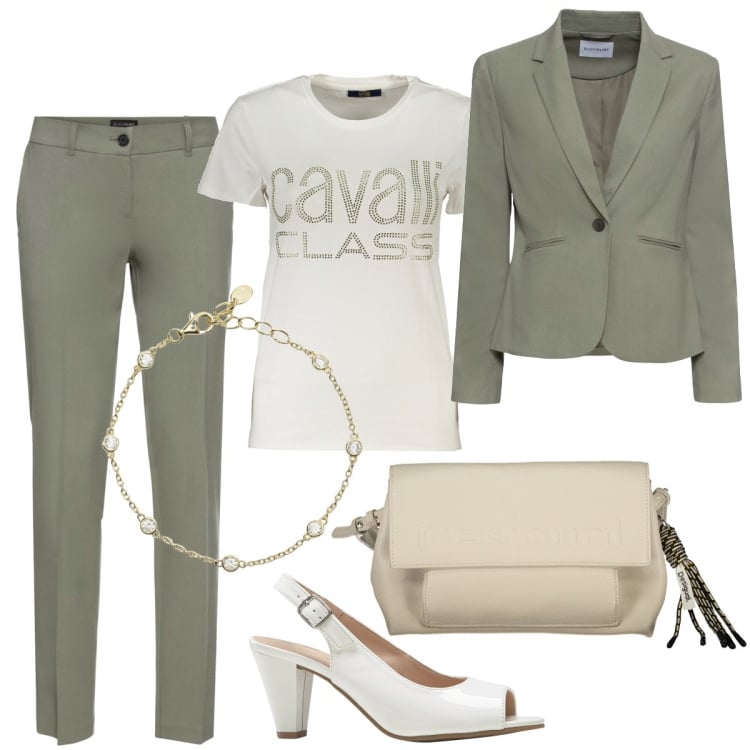 Outfit donna - Un look formale per l\'ufficio. Stile Mannish per Ufficio. Abbinamento con blazer, pantaloni, décolleté, braccialetti, t-shirt, borse a spalla.