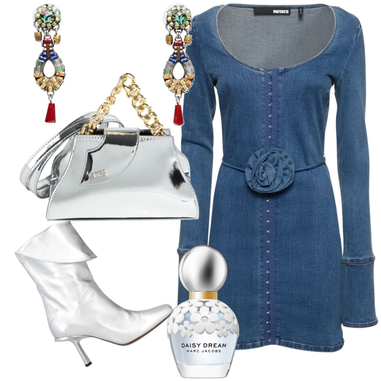 Outfit donna - Denim chic. Stile Casual chic per Tutti i giorni. Abbinamento con stivaletti, orecchini, borse a mano, profumi, vestiti.