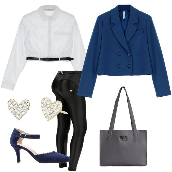 Outfit donna - In ufficio. Stile Casual chic per Ufficio. Abbinamento con décolleté, orecchini, blazer, shopping bag, pantaloni skinny, camicie.