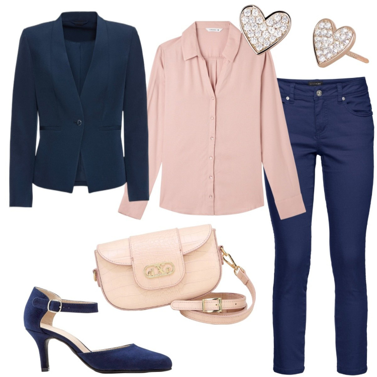 Outfit donna - Un look formale per l\'ufficio. Stile Mannish per Ufficio. Abbinamento con décolleté, blazer, pantaloni, camicie, orecchini, pochette.
