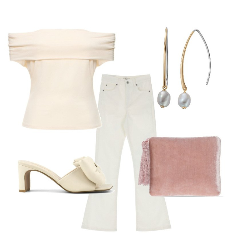 Outfit donna - Colori chari. Stile Chic per Serata fuori. Abbinamento con orecchini, pantaloni, sandali col tacco, top, pochette.